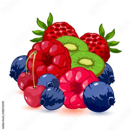 Ripe and juicy collection of fruits for jam. Vector vegetarian nutrition, summer harvest, vitamin and healthy eating, cherry, kiwi, strawberry, blueberry and raspberry idea isolated on white