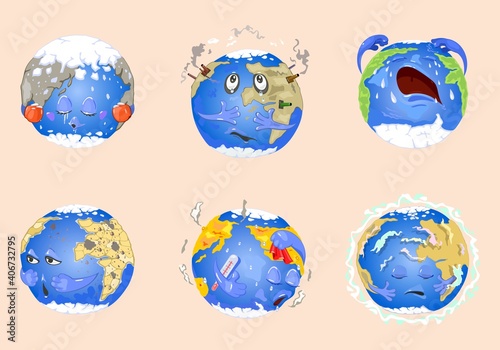 Collection of planet suffer from ecological, environmental and climate change. Vector glaciers melting, global warming, air pollution world problem idea isolated on beige background