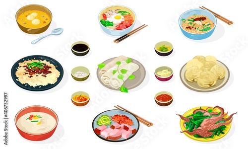 Big vector set of korean dishes in bowls  plates Jajangmyeon  Bibimbap  Hobakjuk  Kongguksu  spring rolls  dumplings  Bossam  Bulgogi  Sannakji  soy  honey mustard kimchi sauces chopsticks spoon