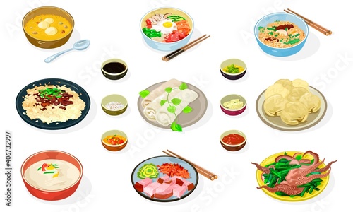Big vector set of korean dishes in bowls, plates Jajangmyeon, Bibimbap, Hobakjuk, Kongguksu, spring rolls, dumplings, Bossam, Bulgogi, Sannakji, soy, honey mustard kimchi sauces chopsticks spoon