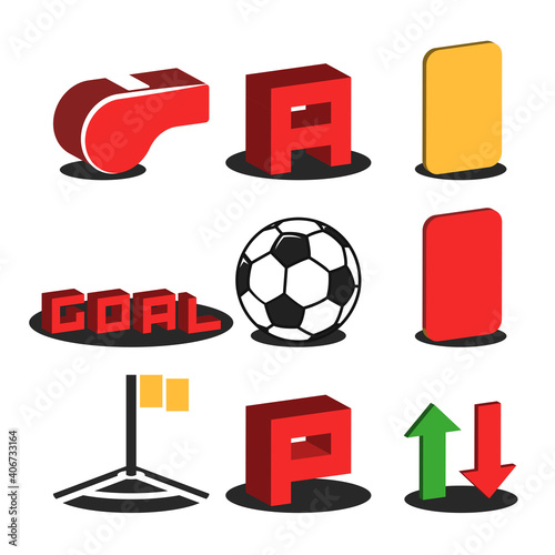 A set of 3D football isometric icons for online broadcasting of a soccer match: referee's whistle, red and yellow cards, goal, player substitution, penalty shot, own goal, corner kick.