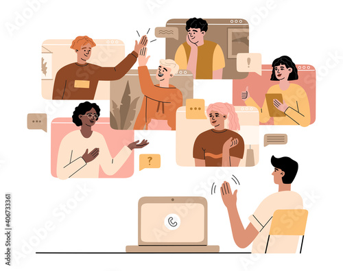 Man have online videoconference on a laptop with his happy colleagues and friends. Team chatting at desktop, group of men and women have meeting call and conversation, vector illustration flat style