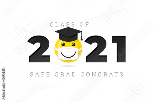 Class of 2021 Numerals Logo with Smiling Face Protected with Medical Mask and Safe Graduation Congratulations Lettering - Yellow and Black on White Background - Mixed Graphic Design