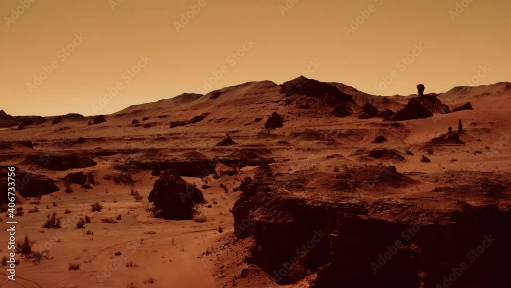Fantastic martian landscape in rusty orange shades, Mars surface, Desert, Cliffs, sand. Alien landscape. Red planet mars