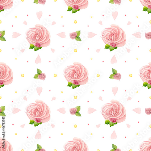 Seamless pattern. Pink little hearts and marshmallows. Watercolor. For fabric or packaging paper.