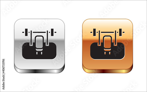 Black Bench with barbel icon isolated on white background. Gym equipment. Bodybuilding, powerlifting, fitness concept. Silver-gold square button. Vector.