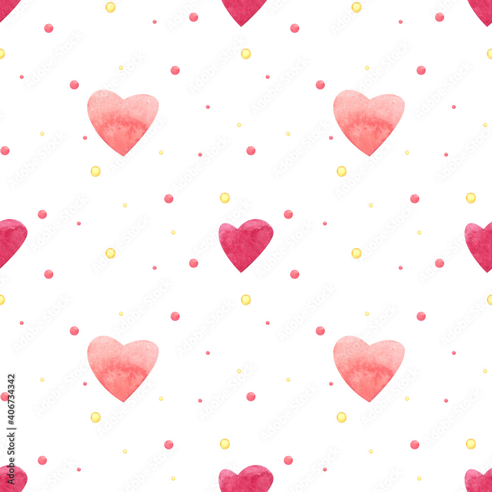 Seamless pattern. Watercolor. Small and big hearts. For packaging paper or fabric.