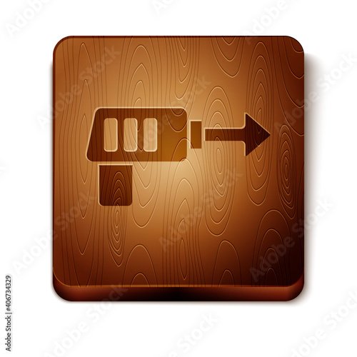 Brown Fishing harpoon icon isolated on white background. Fishery manufacturers for catching fish under water. Diving underwater equipment. Wooden square button. Vector.