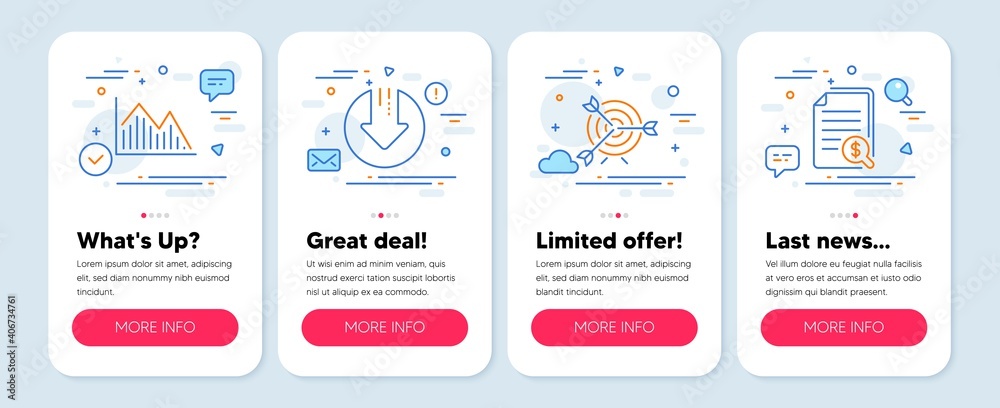 Set of Finance icons, such as Investment graph, Target, Download arrow symbols. Mobile screen app banners. Financial documents line icons. Investment infochart, Targeting, Crisis. Check docs. Vector