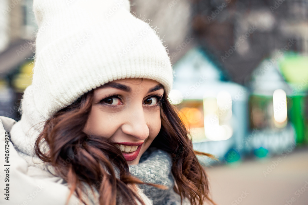 Young pretty smiling amazement open mouth white teeth woman face looking at the camera. Cold weather, winter holidays, travel. New Year Christmas decorations, Valentines Day concept.
Young pretty smiling amazement open mouth white teeth woman face looking at the camera. Cold weather, winter holidays, travel. New Year Christmas decorations, Valentines Day concept.