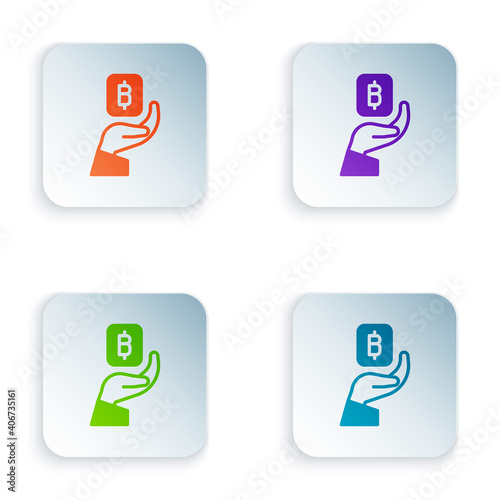 Color Hand holding Bitcoin icon isolated on white background. Blockchain technology, digital money market, cryptocoin wallet. Set colorful icons in square buttons. Vector.