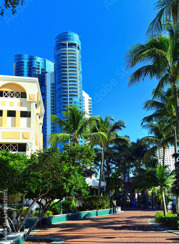 View along North Riverwalk and New River in Fort Lauderdale, Florida