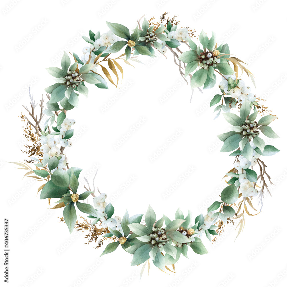 Floral wreath with snowberries, green leaves, berries, yellow dry  branches and herbs hand drawn in watercolor isolated on a white background. Watercolor illustration. Floral watercolor wreath