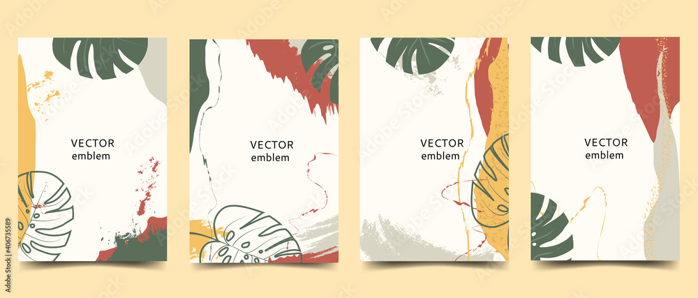A set of abstract fashion art backgrounds in a minimal style with elements of monstera leaves. Design for social networks, simple, stylish wallpaper design. Vector flat illustration. Space for text