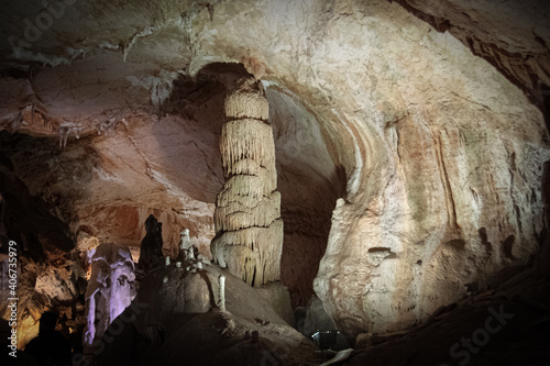 Stalactites and stalagmites are located inside the marble cave. Crimea, Russia