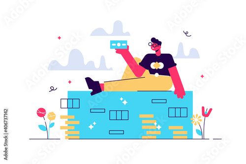 Rich guy in sunglasses lying on heap of cash and coins