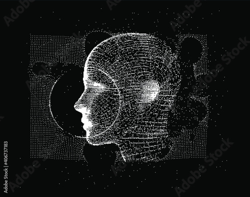 Abstract technology background with 3d face made of particles. Conceptual illustration of Artificial intelligence.