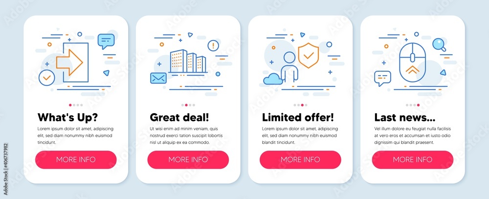 Set of line icons, such as Security, Buildings, Login symbols. Mobile screen app banners. Swipe up line icons. Body guard, City architecture, Sign in. Scrolling page. Security icons. Vector