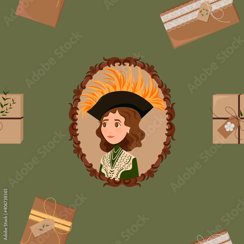 Vintage lady seamless pattern with books and boxes. Photo frame with lady and mailboxes. Vector illustration