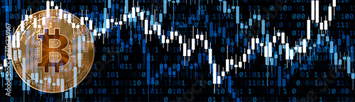 Golden crypto bitcoin currency with chart and binary code.