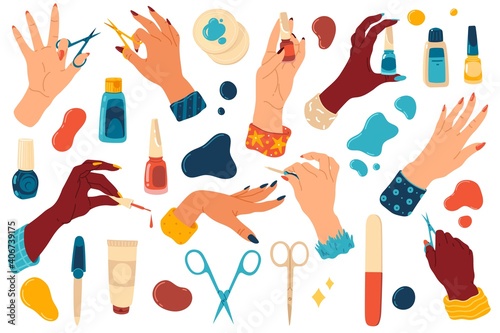 Manicure hands. Cartoon nail bar accessories and equipment, bright polishes and scissors, nail files and cream, female hand with manicure tools collection, beauty salon. Vector set