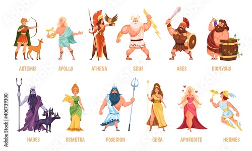 Greek gods pantheon. Mythological olympian gods, ancient Greece religion women and men characters with names, traditional elements personifications. Cartoon flat style vector set © YummyBuum