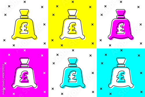 Set Coin money with pound sterling symbol icon isolated on color background. Banking currency sign. Cash symbol. Vector.