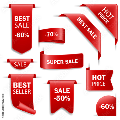 Ribbon sale badges, banners, price tags. Tags set. Vector badges and labels isolated.