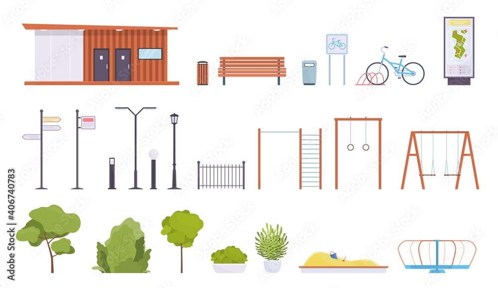 City park elements. Public rest place objects, walking zone parts, lanterns and benches, sports equipment and kids playground, green trees, bushes and flower beds vector flat style set