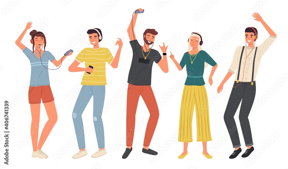 Fototapeta premium Music listening. Young people with headphones and smartphones set, dance and relaxation lifestyle, happy friends in modern casual wears with earphones. Vector flat cartoon concept