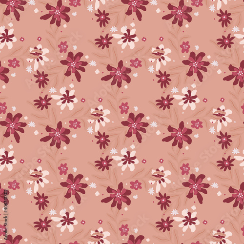 Decorative vintage seamless pattern with bright flower silhouettes ornament. Pale pink background.