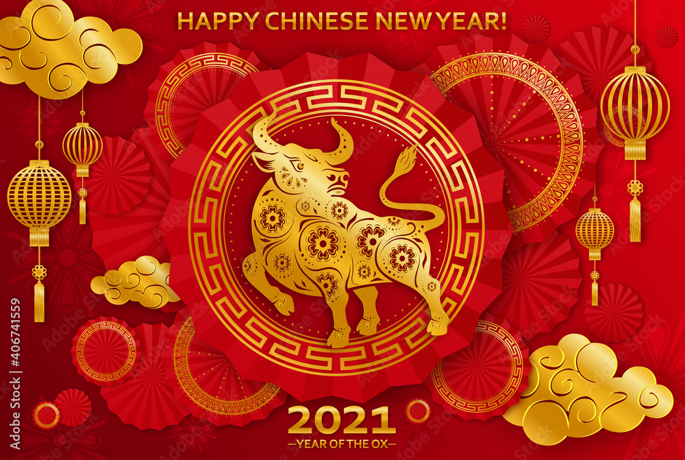 Chinese new year 2021 year of the ox , red paper cut ox character,flower. Paper cut Ox, flowers, clouds in red and gold colors on background