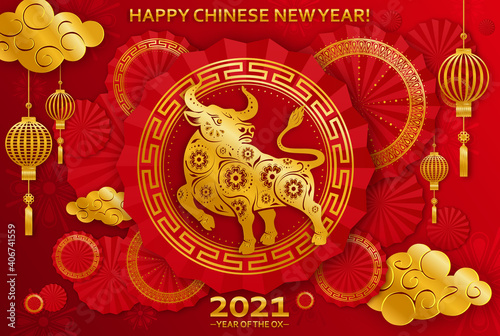 Chinese new year 2021 year of the ox , red paper cut ox character,flower. Paper cut Ox, flowers, clouds in red and gold colors on background