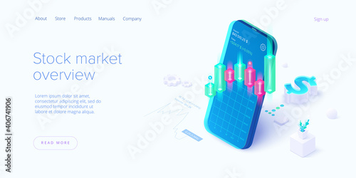 Stock exchange vector illustration in isometric design. Trading market or investment mobile app. Broker or trader application. Web banner layout template.