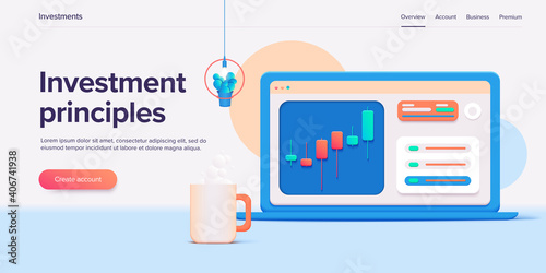 Stock exchange vector illustration in isometric design. Trading market or investment mobile app. Broker or trader application. Web banner layout template.