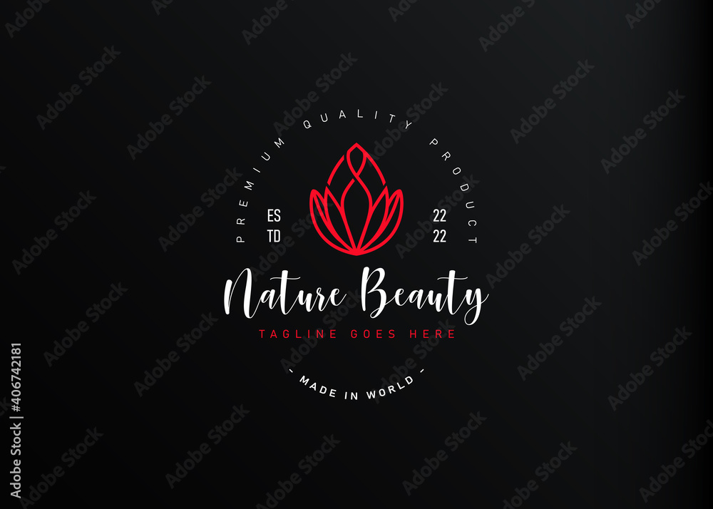 Fototapeta premium Lotus buds bloom logo design. Vector illustration of abstract red lotus monoline design. Vintage logo design vector line icon template