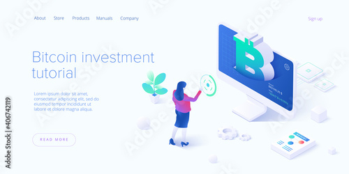 Cryptocoin mining farm layout. Cryptocurrency and blockchain network business isometric vector illustration. Crypto currency exchange or transaction process background.