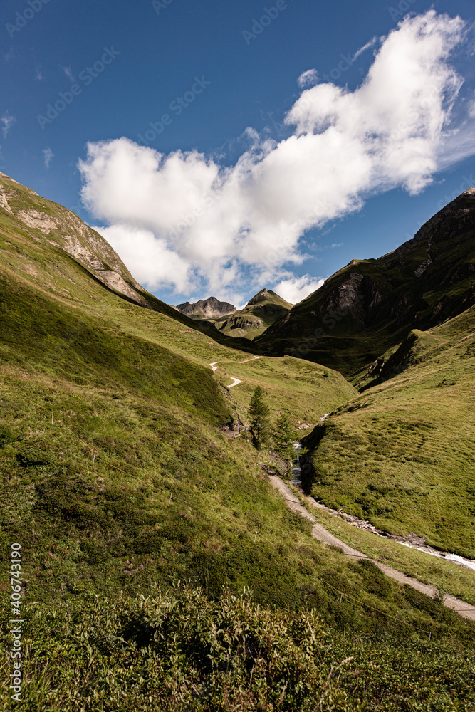 Obraz premium Fanealm und Wilder See in Suedtirol, Italy, almlandschaft mit blauem Himmel und Schaefchenwolken, mit kleinem Bach mitten durchs Bild 