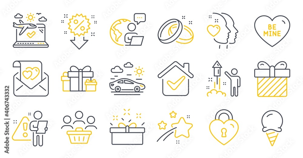 Set of Holidays icons, such as Surprise, Ice cream, Fireworks symbols. Discount, Holiday presents, Buyers signs. Be mine, Heart, Airplane travel. Wedding rings, Love lock, Present box. Vector Set of Holidays icons, such as Surprise, Ice cream, Fireworks symbols. Discount, Holiday presents, Buyers signs. Be mine, Heart, Airplane travel. Wedding rings, Love lock, Present box. Vector