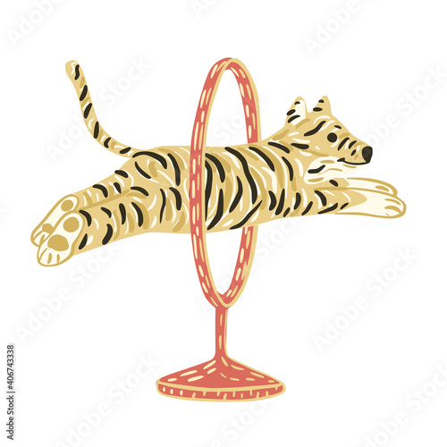 Tiger jump through circus ring isolated on white background. Cute character from safari in striped.