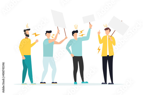 People holding signs on protest demostration or picket. Youth crowd against violence, pollution, discrimination, human rights violation - Vector illustration