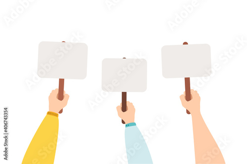 Vector illustration of people holding signs, banner and placards on a protest demostration or picket. People against violence, pollution, descrimination, human rights violation.