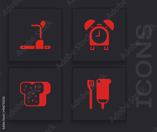 Set Toothbrush and toothpaste, Treadmill machine, Alarm clock and Bread toast icon. Vector.