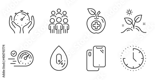 No alcohol, Speedometer and Smartphone line icons set. Time, Grow plant and Group people signs. Timer, Medical food symbols. Mineral oil, Time concept, Phone. Quality line icons. Vector