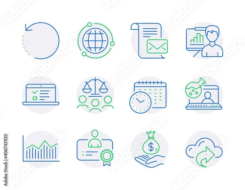 Education icons set. Included icon as Online chemistry, Web lectures, Recovery data signs. Globe, Court jury, Certificate symbols. Income money, Money diagram, Presentation board. Vector