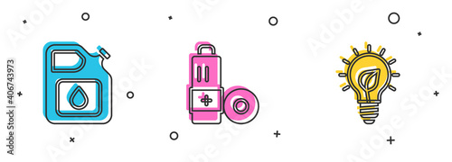 Set Canister for gasoline, Battery and Light bulb with leaf icon. Vector.