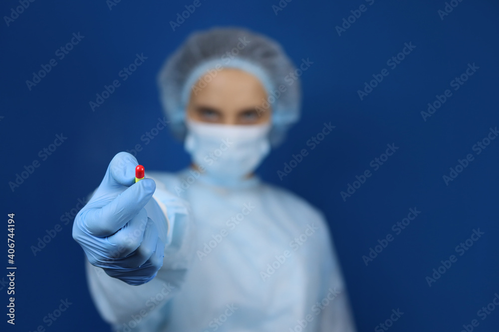 doctor or nurse gives a pill, capsule, concept medicine. Selective focus