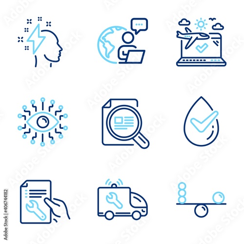 Business icons set. Included icon as Car service, Brainstorming, Check article signs. Artificial intelligence, Balance, Repair document symbols. Airplane travel, Dermatologically tested. Vector