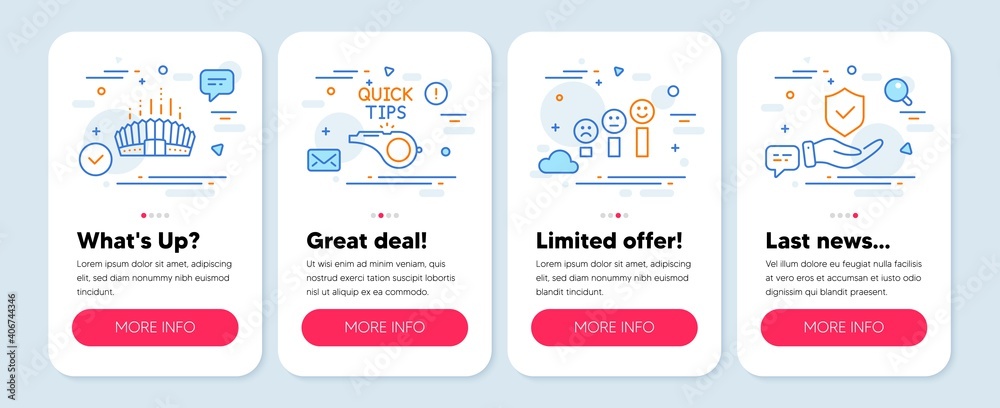 Set of Business icons, such as Tutorials, Customer satisfaction, Arena stadium symbols. Mobile screen banners. Insurance hand line icons. Quick tips, Happy smile chart, Competition building. Vector