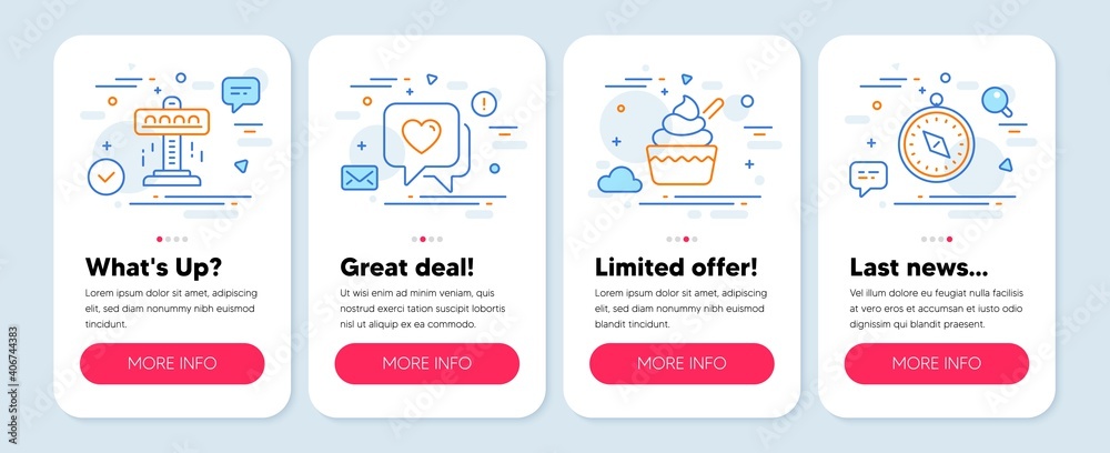 Set of Holidays icons, such as Attraction, Ice cream, Heart symbols. Mobile screen banners. Travel compass line icons. Free fall, Sundae cup, Love chat. Trip destination. Attraction icons. Vector Set of Holidays icons, such as Attraction, Ice cream, Heart symbols. Mobile screen banners. Travel compass line icons. Free fall, Sundae cup, Love chat. Trip destination. Attraction icons. Vector